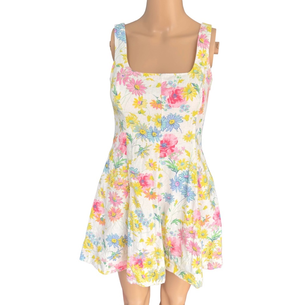 Watercolor Floral Linen Sundress A-Line Square Neck